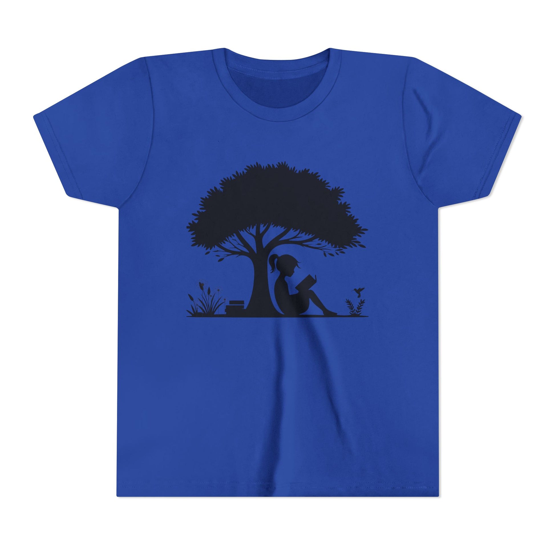 Blue t-shirt with a black silhouette of a girl under a tree on a white background