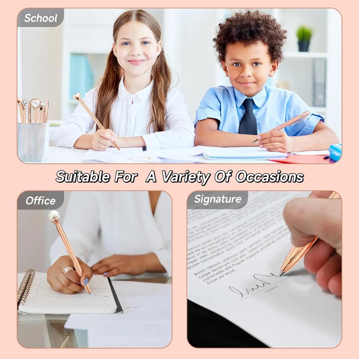 Children in school uniforms with writing utensils, suitable for various occasions including office and signature.