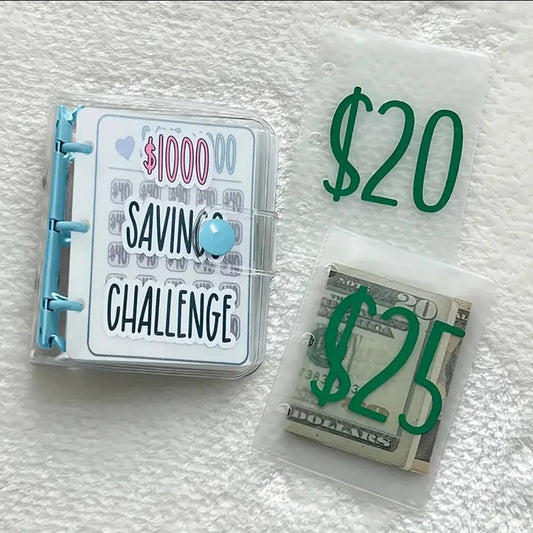 Savings challenge tracker with money amounts on a textured white background