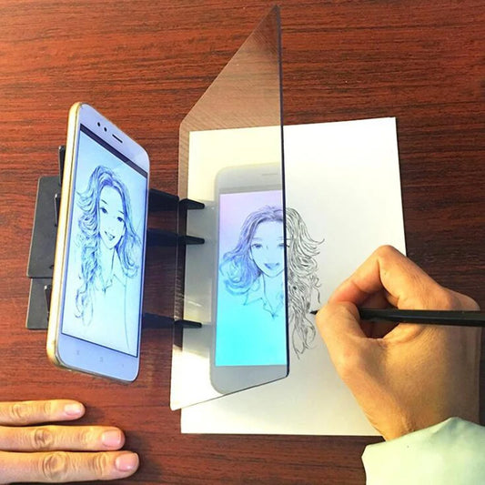 Person using a smartphone app to draw on a transparent screen with a stylus.