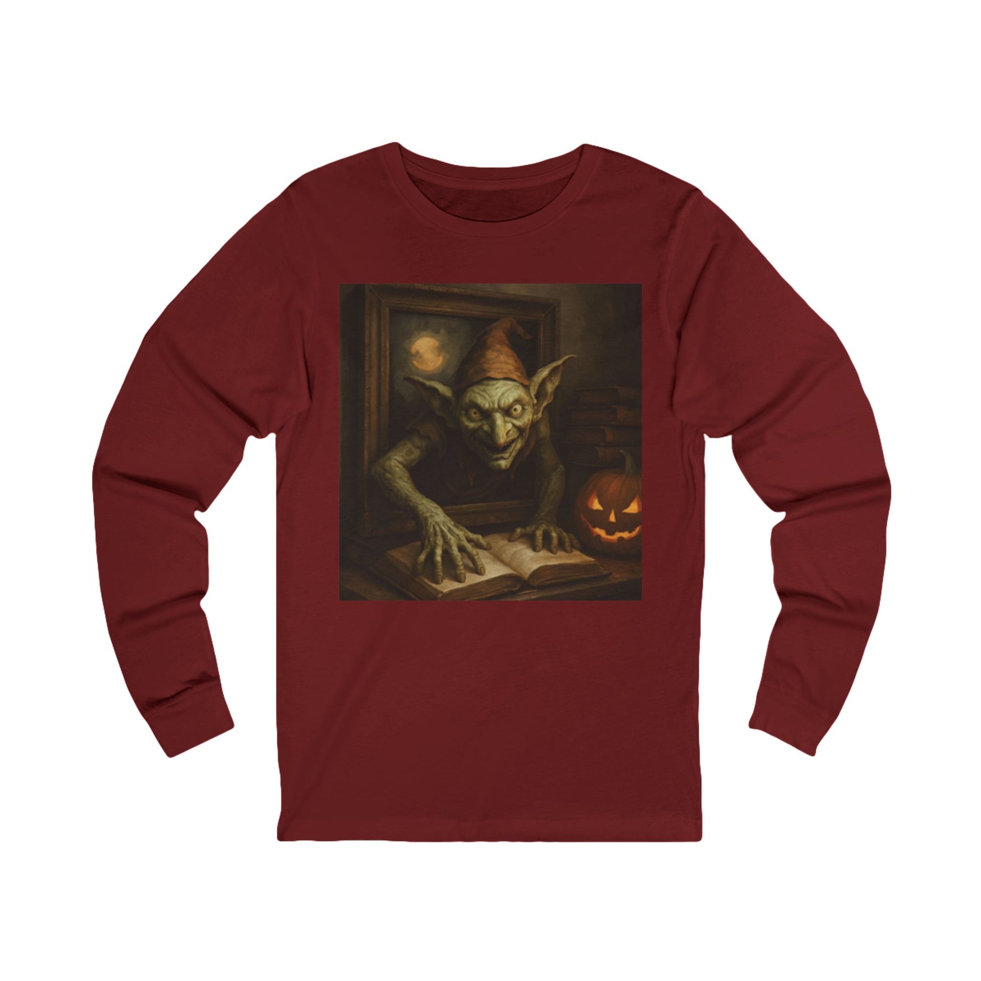Red long-sleeve shirt with a goblin and pumpkin design on a white background
