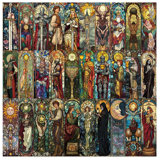 Collage of stained glass-style illustrations featuring various figures and symbols.