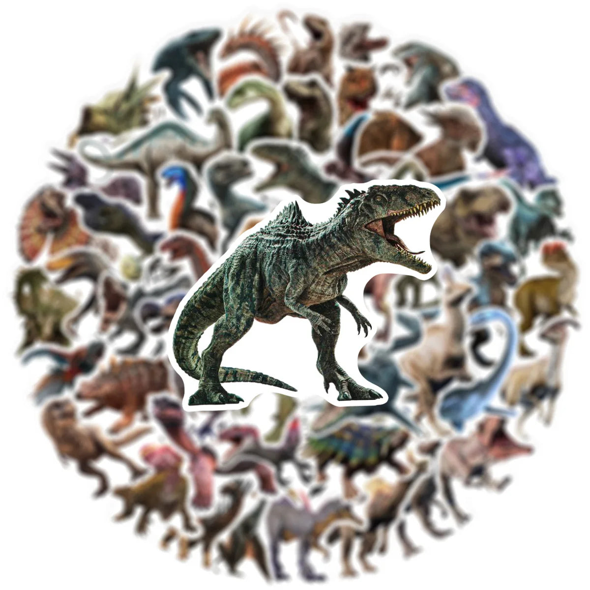 Collection of various dinosaur figurines with a prominent T-Rex in the center.