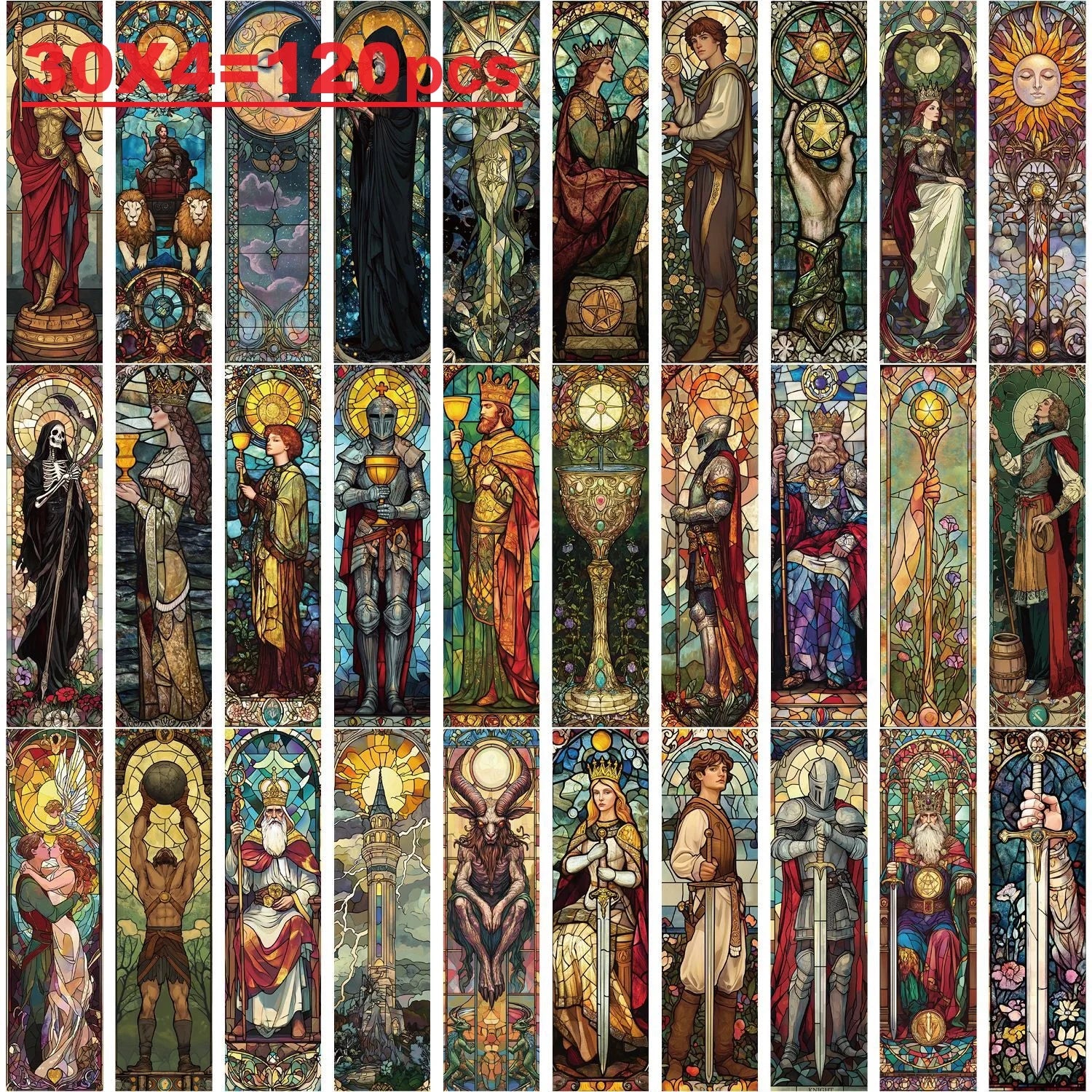 Stained glass window design with various figures and symbols, totaling 120 pieces.