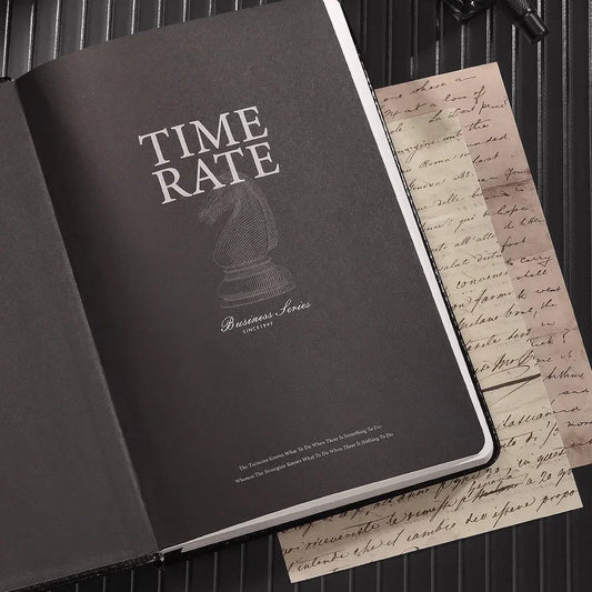 Black notebook titled 'Time Rate' on a surface with vintage documents.