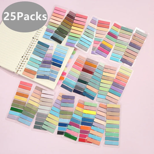 Assorted transparent sticky notes in various colors placed on a surface, with a labeled notebook in the background indicating the product's use for bookmarking.