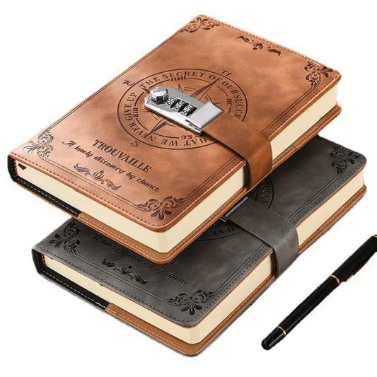 Stack of leather-bound notebooks with a combination lock on a white background