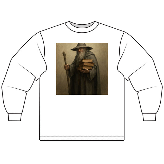 White long-sleeve shirt with a printed design of a character holding books and a staff on a beige background.