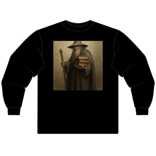 Black sweatshirt with a graphic of a character holding books and a staff on a white background