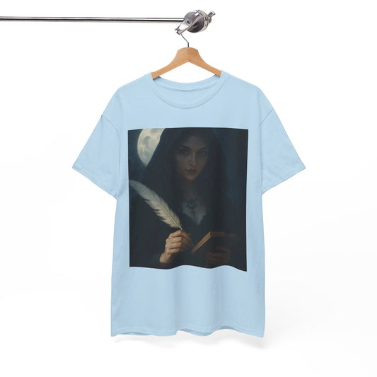 Light blue t-shirt with a graphic design of a woman holding a feather pen and quill, hanging on a wooden hanger against a white background.