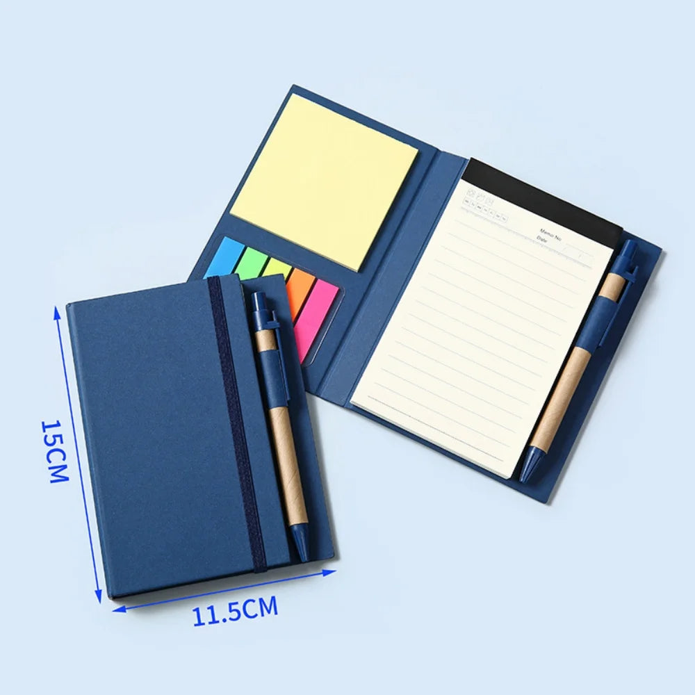 Blue notebook with pen, sticky notes, and measurements on a light blue background