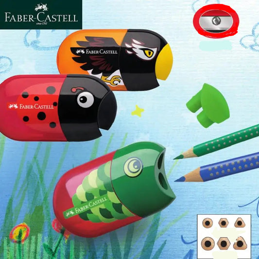 Faber-Castell pencil sharpeners shaped like a ladybug, fish, and owl on a blue underwater-themed background.