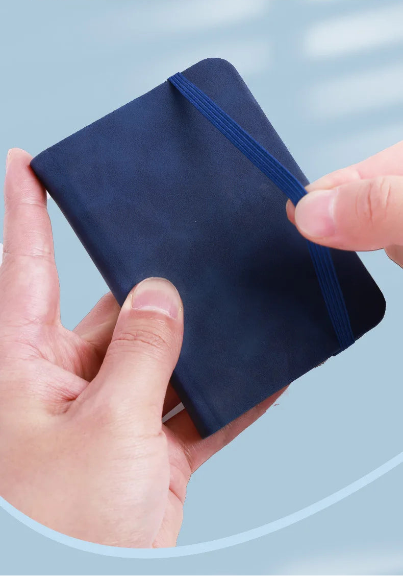 Blue wallet held by hands with text on a light blue background