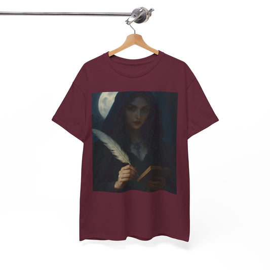 Maroon t-shirt with a graphic of a woman holding a feather pen and book on a hanger against a white background.